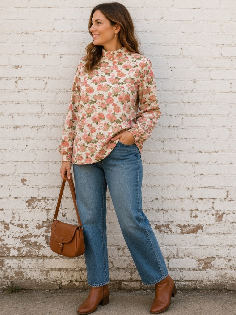 Vintage 90s Jessica Floral Mock Neck Top Pink Rose Cottagecore Long Sleeve M/L